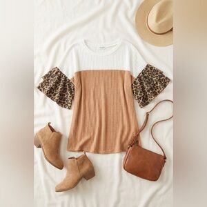 062 First Love Color Block Animal Print Ruffle Bell Sleeve Top